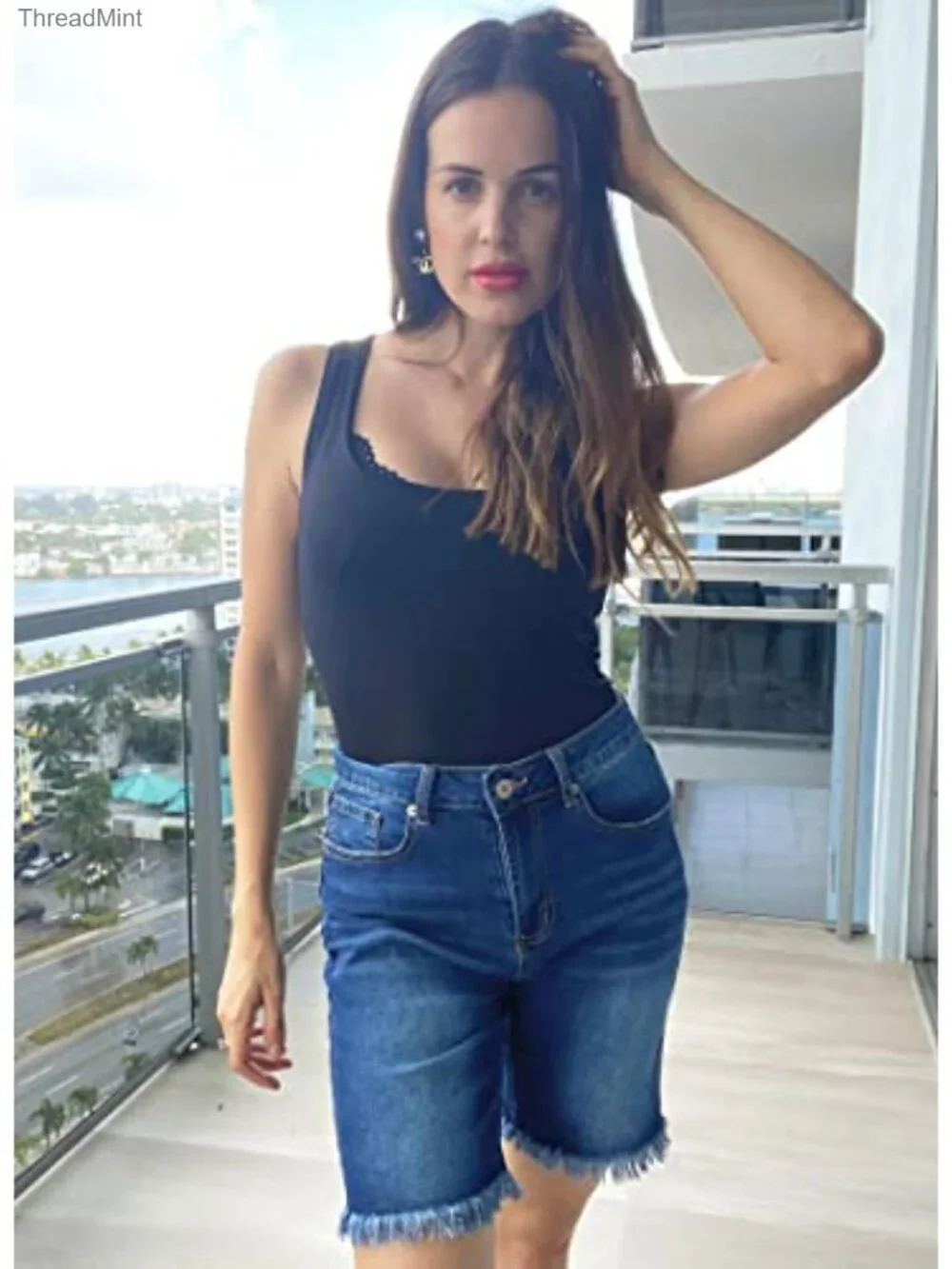 Frayed Ripped Bermuda Denim Shorts High Rise Stretchy Cotton Spandex